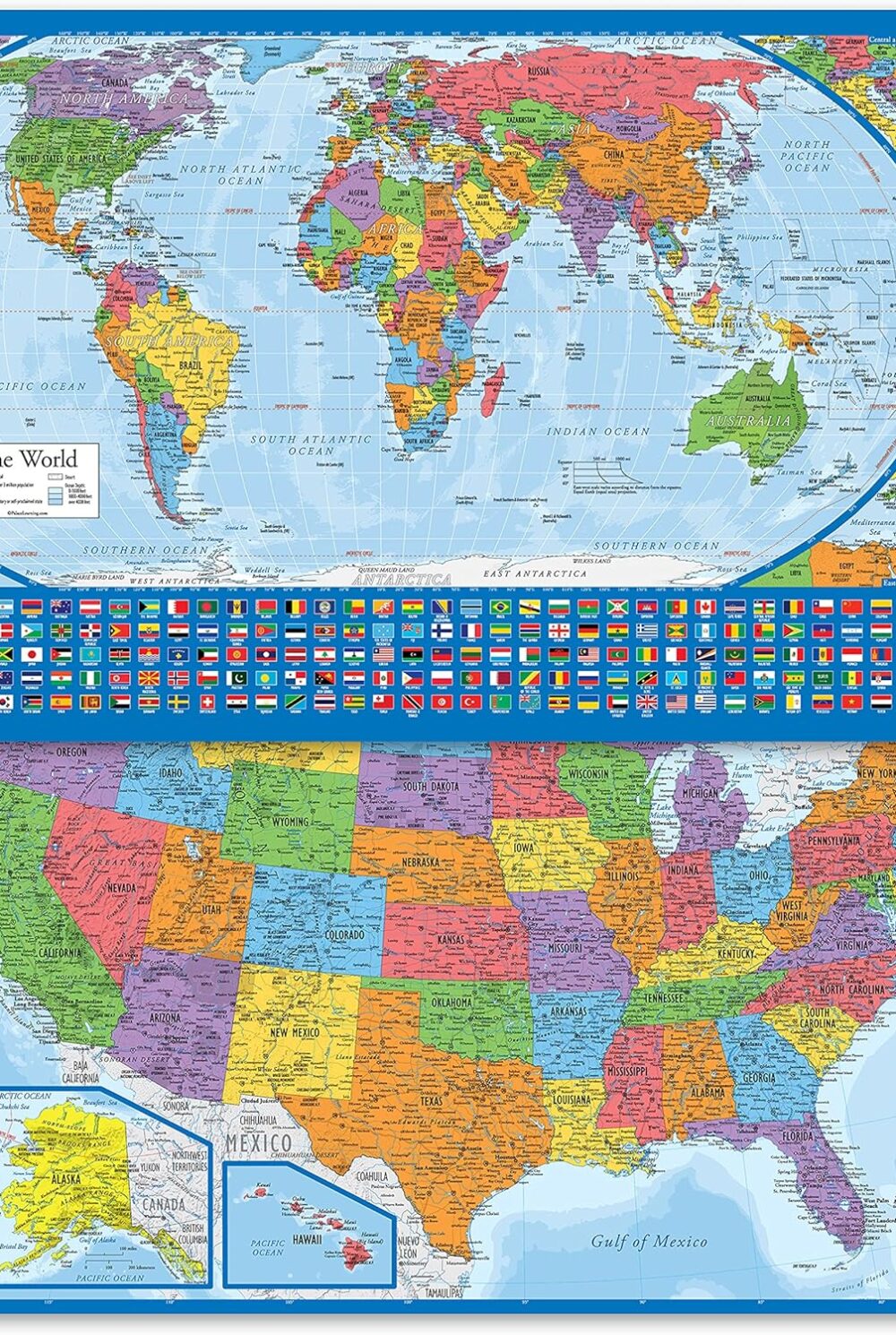 2 Pack - Laminated World Map Poster & USA Map Set - Equal Earth world map design shows continents at true relative size - US Map 18” x 29”